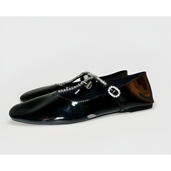 ZARA Black Patent Rhinestone Jewels Mary Jane Ballet Flats Women EU 37 NEW - Picture 1 of 12
